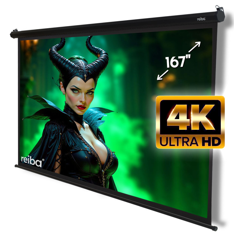 Bildschirm reiba mit Aufdruck von 167 Zoll und Plakette 4K Ultra HD